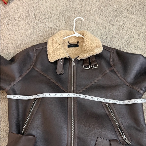Forever 21 Faux Shearling Moto Jacket 1X Brown Cream Buckle - Picture 9 of 13